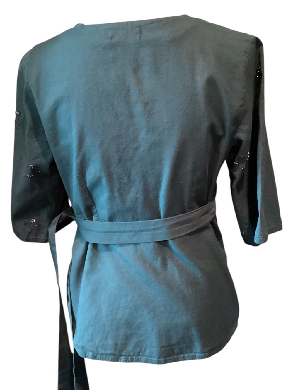 Fabindia Teal Cotton Linen Wrap Top Beaded Floral Embellished Boho Large - Picture 7 of 9
